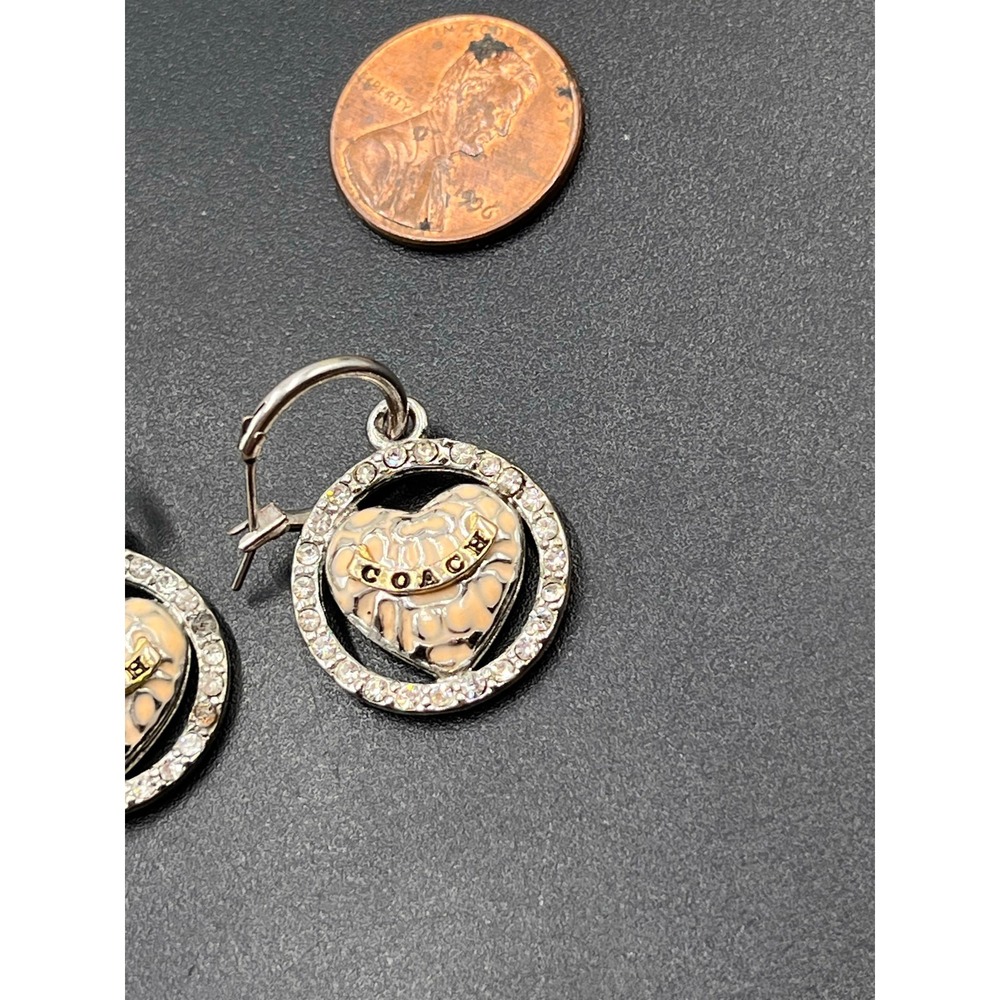 Coach Cream Enamel Logo C's Branded Heart Small Hoop Dangle Earrings - Picture 7 of 8